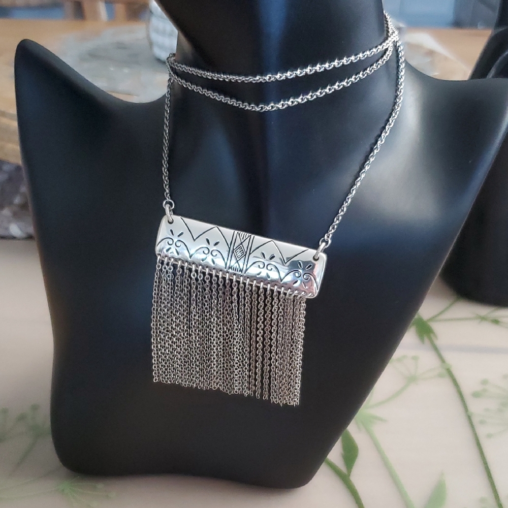 Brighton NWOT Long Double Sided Enrgraved Bar w/ Fringe Chains Necklace